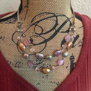 Elegant Pink and Gold Beaded Necklace Silver Pink Coral Gem’s